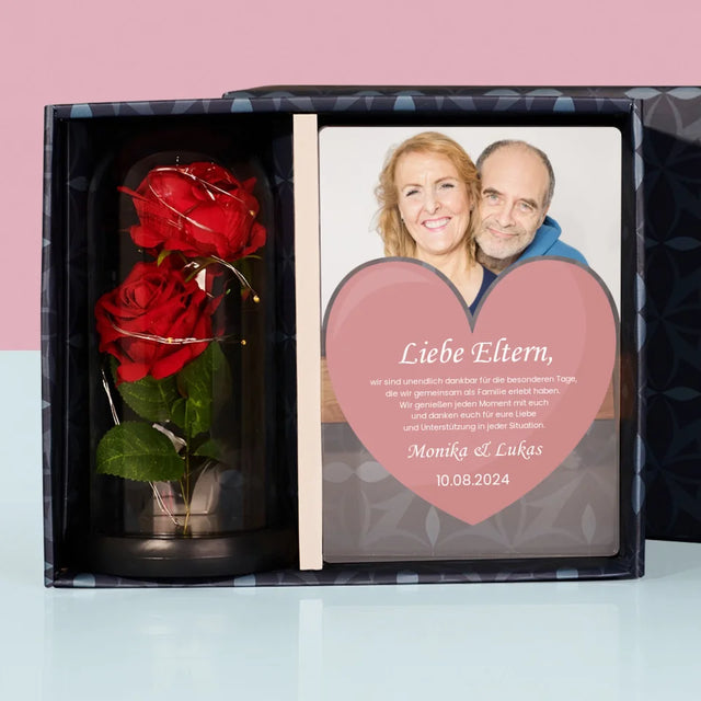 Foto Und Unterschrift: Liebe Eltern - Geschenkset Mit Druck Auf Acrylglas Und Ewiger Rose