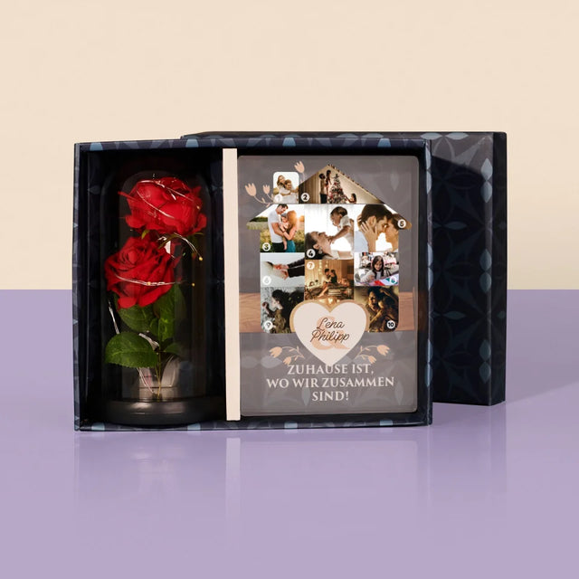 Form-Collage: Familienhaus - Geschenkset Mit Druck Auf Acrylglas Und Ewiger Rose