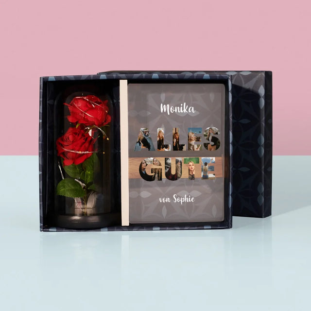 Buchstaben-Collage: Alles Gute - Geschenkset Mit Druck Auf Acrylglas Und Ewiger Rose