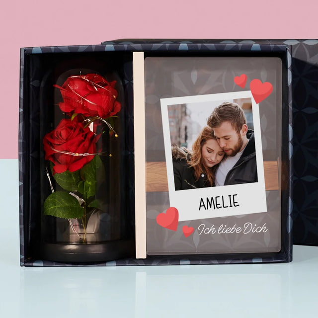 Foto Und Unterschrift: Ich Liebe Dich - Geschenkset Mit Druck Auf Acrylglas Und Ewiger Rose