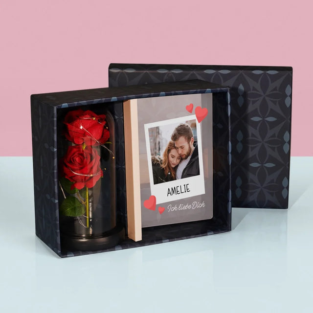 Foto Und Unterschrift: Ich Liebe Dich - Geschenkset Mit Druck Auf Acrylglas Und Ewiger Rose