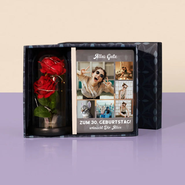 Fotocollage: Geburtstags-Collage - Geschenkset Mit Druck Auf Acrylglas Und Ewiger Rose