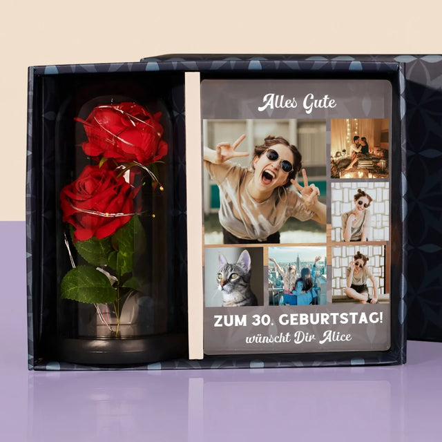 Fotocollage: Geburtstags-Collage - Geschenkset Mit Druck Auf Acrylglas Und Ewiger Rose