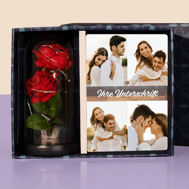 Fotocollage: 4 Fotos Und Unterschrift - Geschenkset Mit Druck Auf Acrylglas Und Ewiger Rose