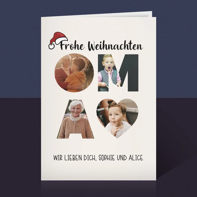 Buchstaben-Collage: Frohe Weihnachten Oma - Glückwunschkarte