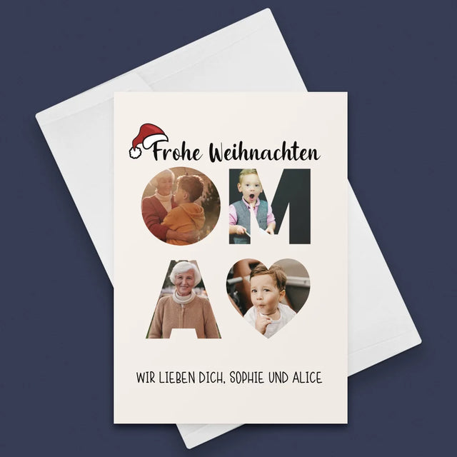 Buchstaben-Collage: Frohe Weihnachten Oma - Glückwunschkarte