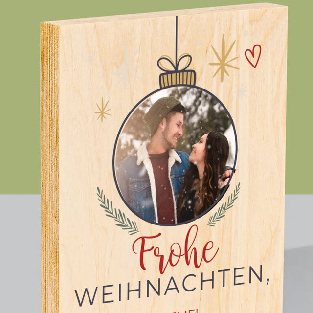 Foto Und Unterschrift: Frohe Weihnachten Weihnachtskugel - Druck Auf Holz