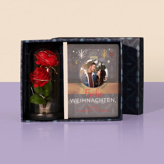 Foto Und Unterschrift: Frohe Weihnachten Weihnachtskugel - Geschenkset Mit Druck Auf Acrylglas Und Ewiger Rose