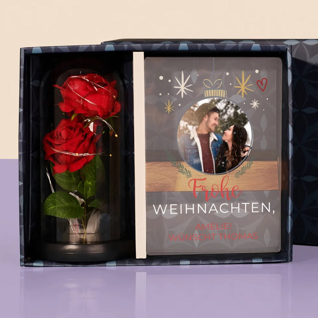 Foto Und Unterschrift: Frohe Weihnachten Weihnachtskugel - Geschenkset Mit Druck Auf Acrylglas Und Ewiger Rose