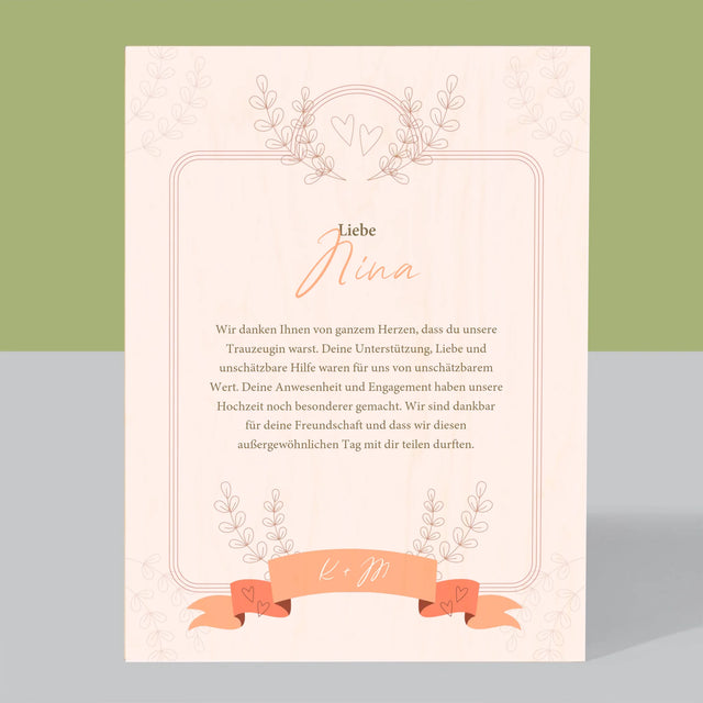 Name Und Unterschrift: Dank An Die Trauzeugin - Druck Auf Holz