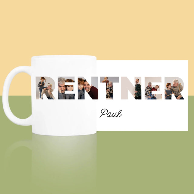 Buchstaben-Collage: Rentner - Tasse