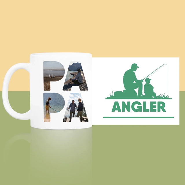 Buchstaben-Collage: Papa - Angler - Tasse