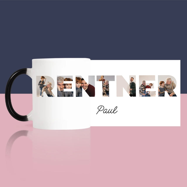 Buchstaben-Collage: Rentner - Tasse