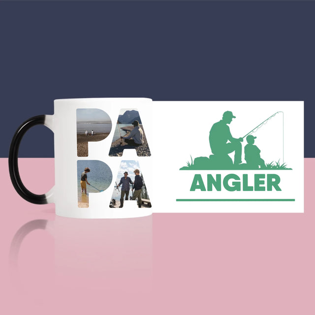 Buchstaben-Collage: Papa - Angler - Tasse
