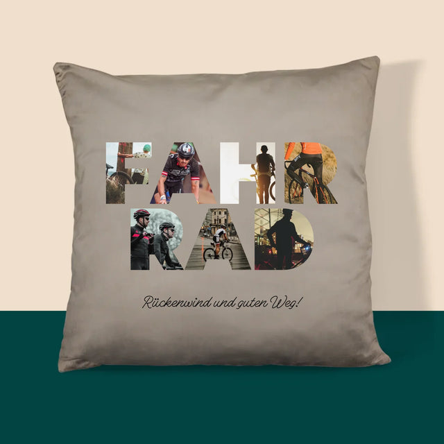 Buchstaben-Collage: Fahrrad - Kissen