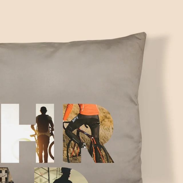 Buchstaben-Collage: Fahrrad - Kissen
