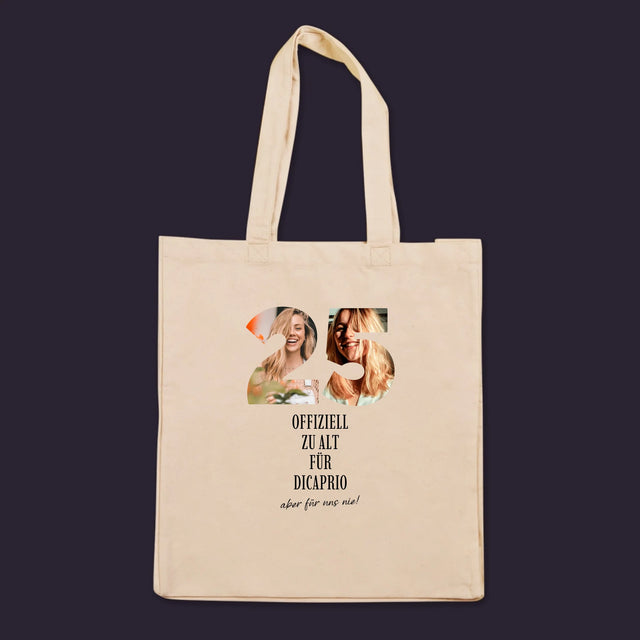 Wort aus Bildern: Zu alt für DiCaprio – bedruckte Canvas-Tasche | DE