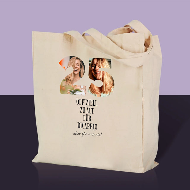 Wort aus Bildern: Zu alt für DiCaprio – bedruckte Canvas-Tasche | DE