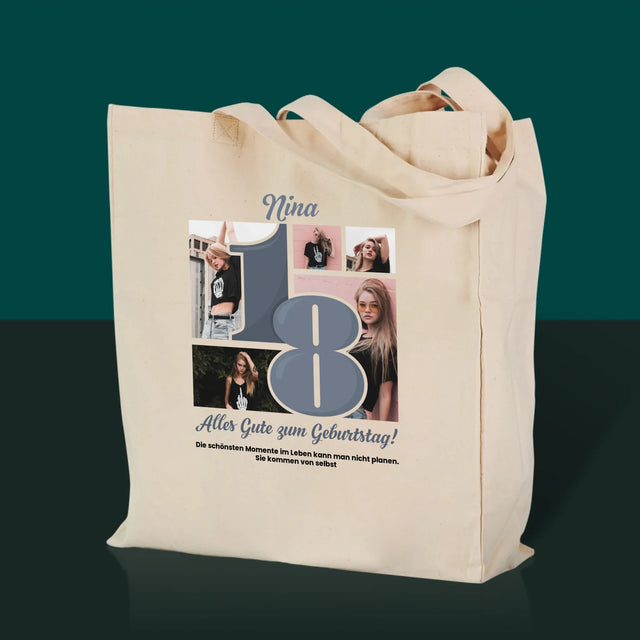 Fotocollage: 18 schönste Momente – Canvastasche mit Aufdruck | DE