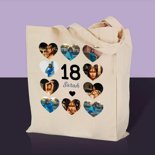 Fotocollage: 18 Herzen - Canvastasche mit Druck | DE