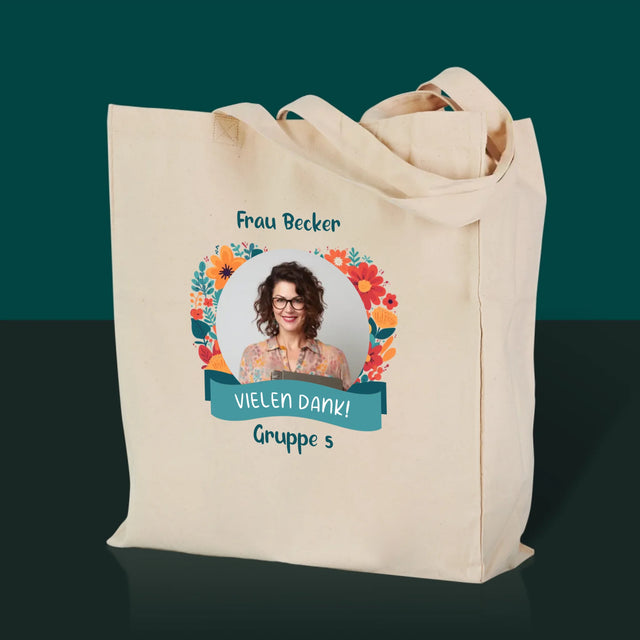 Foto und Bildunterschrift: Danke an die Kindergärtnerin - Canvas-Tasche mit Aufdruck | DE