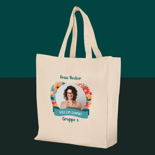 Foto und Bildunterschrift: Danke an die Kindergärtnerin - Canvas-Tasche mit Aufdruck | DE