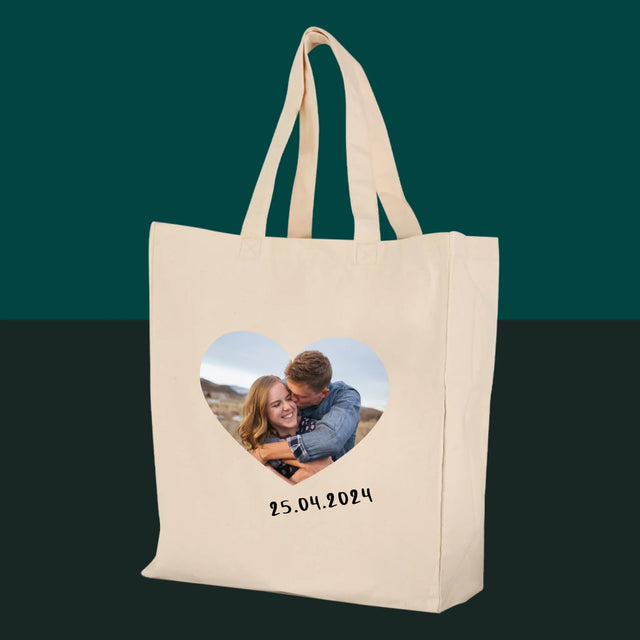 Foto und Unterschrift: Foto im Herzen - Canvastasche mit Aufdruck | DE