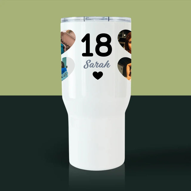 Fotocollage: 18 Herzen - Thermobecher Weiß