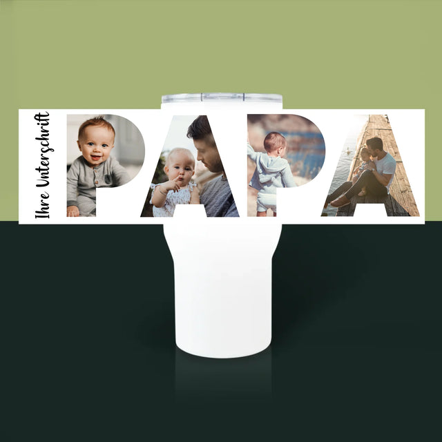 Buchstaben-Collage: Papa - Thermobecher Weiß