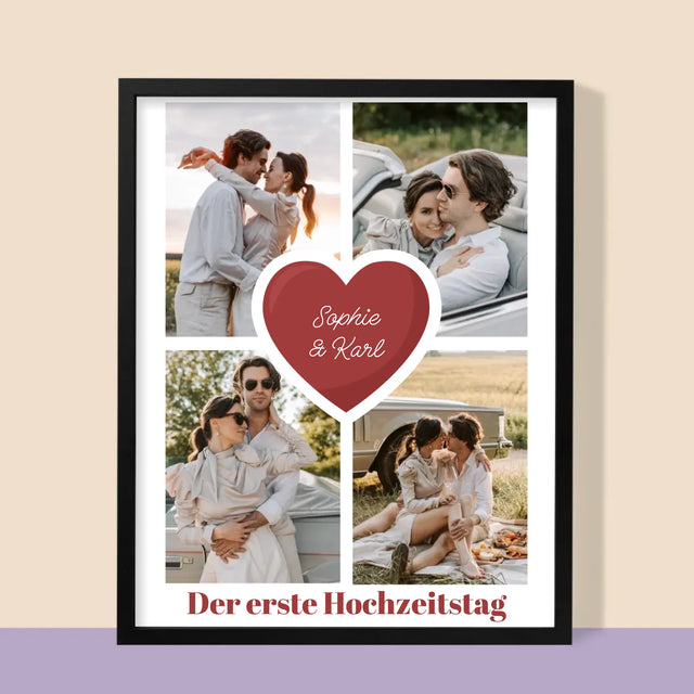 Fotocollage: Erster Hochzeitstag Herz - Druck Mit Rahmen 30X40