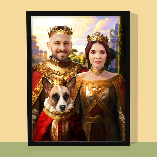 Königsporträt: Königspaar Mit Haustier - Druck Mit Rahmen 30X40