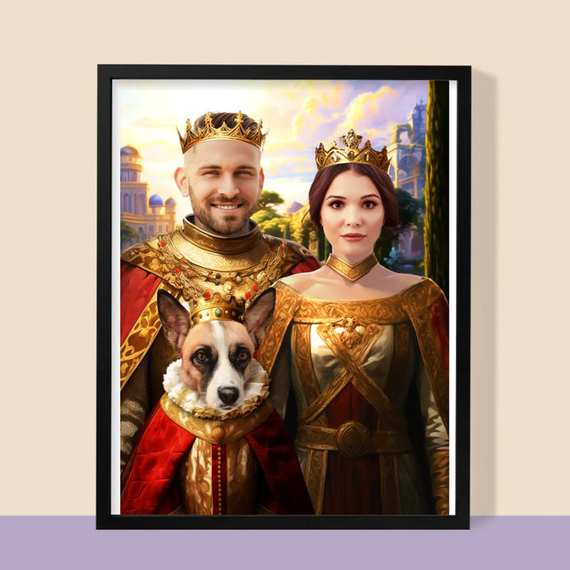 Königsporträt: Königspaar Mit Haustier - Druck Mit Rahmen 30X40