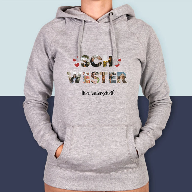 Buchstaben-Collage: Schwester - Kapuzenpullover Für Damen