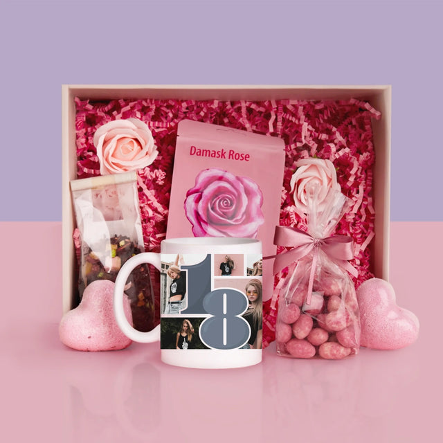 Fotocollage: 18 - Schönsten Momente - Geschenkset Mit Tasse Und Wellnessartikeln