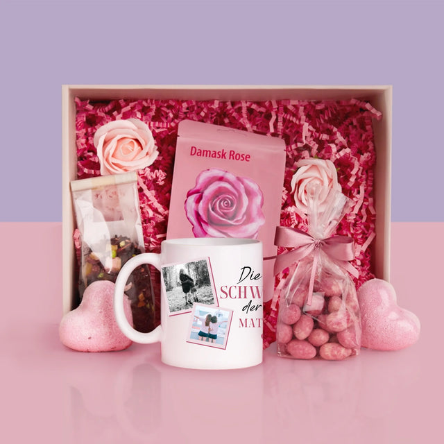 Fotocollage: Beste Schwester Der Welt - Geschenkset Mit Tasse Und Wellnessartikeln