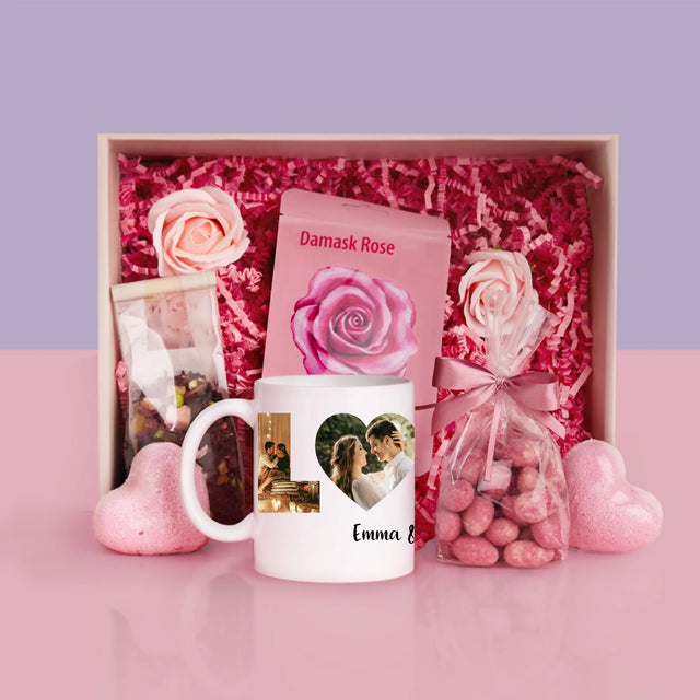 Buchstaben-Collage: Love - Geschenkset Mit Tasse Und Wellnessartikeln