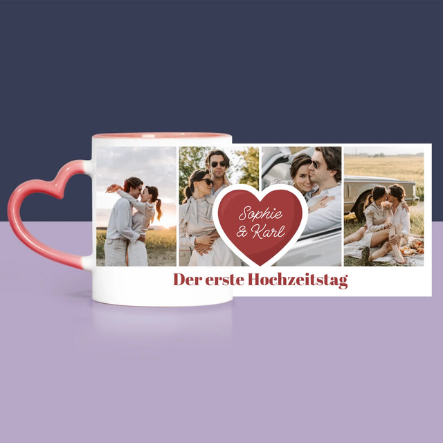 Fotocollage: Erster Hochzeitstag Herz - Geschenkset Mit Tasse, Teddybär Und Süßigkeiten
