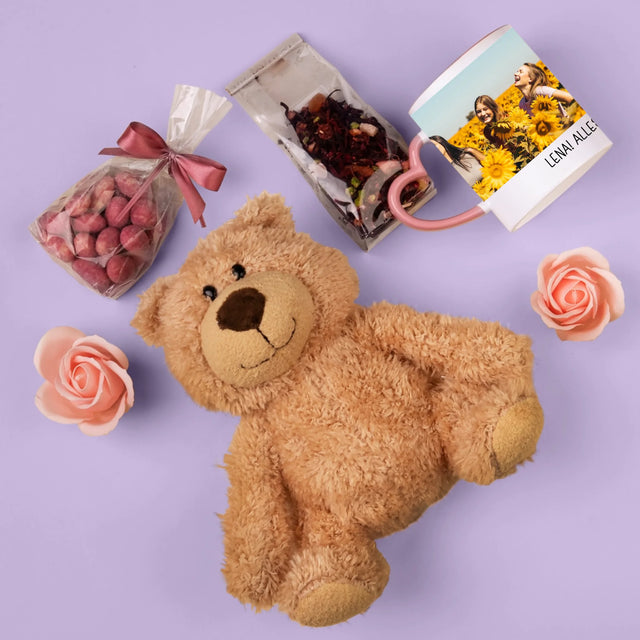 Fotocollage: 2 Fotos Und Unterschrift - Geschenkset Mit Tasse, Teddybär Und Süßigkeiten