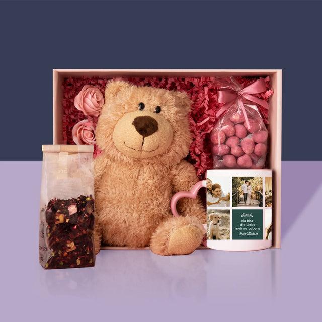 Fotocollage: Liebe Collage - Geschenkset Mit Tasse, Teddybär Und Süßigkeiten