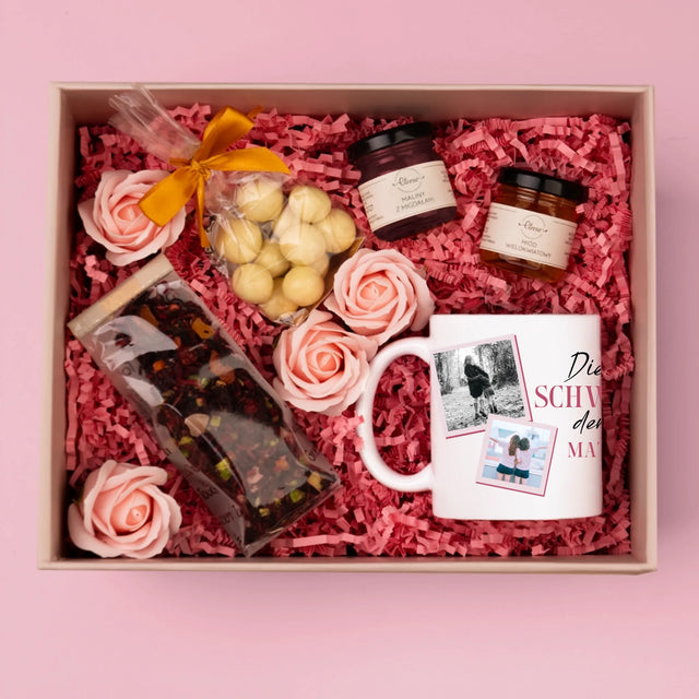 Fotocollage: Beste Schwester Der Welt - Geschenkset Mit Tasse, Tee Und Süßigkeiten