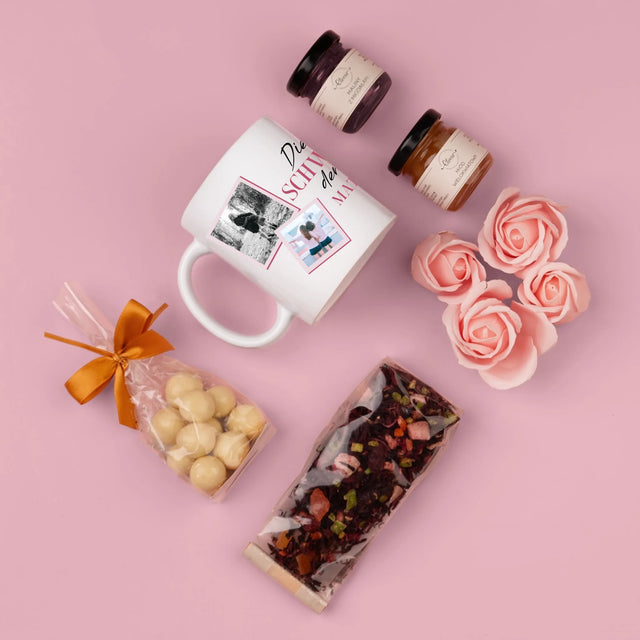 Fotocollage: Beste Schwester Der Welt - Geschenkset Mit Tasse, Tee Und Süßigkeiten