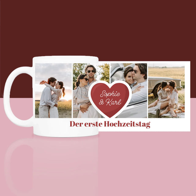 Fotocollage: Erster Hochzeitstag Herz - Geschenkset Mit Einer Tasse Und Einem Satin-Haarband