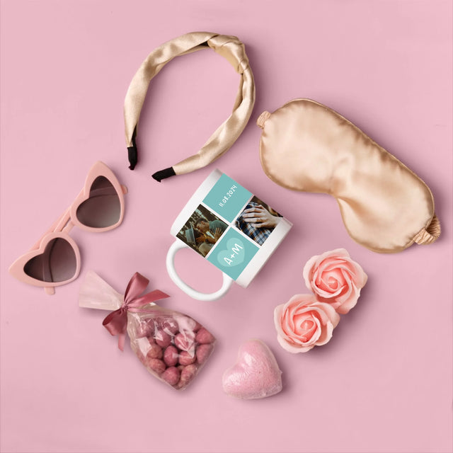 Fotocollage: Ich Liebe Dich Initialen - Geschenkset Mit Einer Tasse Und Einem Satin-Haarband