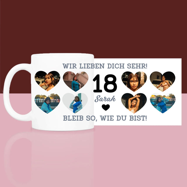 Fotocollage: 18 Herzen - Geschenkset Mit Einer Tasse Und Einem Satin-Haarband