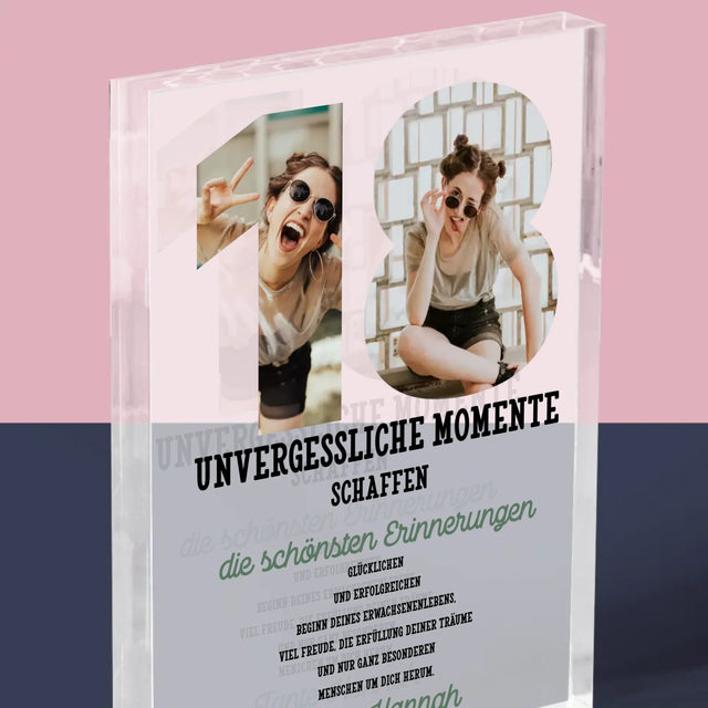 Buchstaben-Collage: 18. Geburtstag - Acrylblock