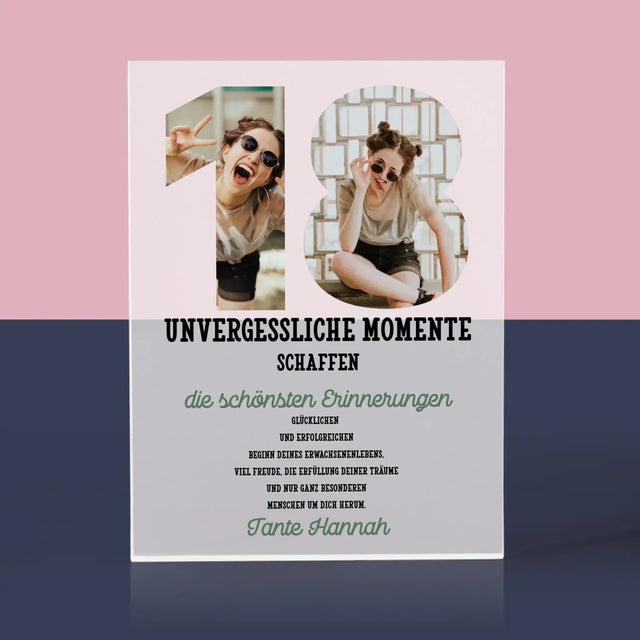 Buchstaben-Collage: 18. Geburtstag - Acrylblock