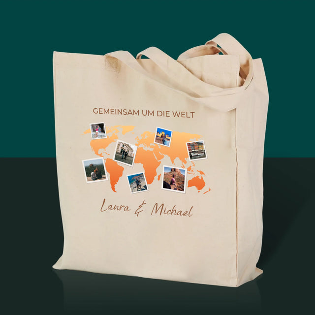 Fotocollage: Gemeinsam um die Welt – Canvastasche mit Aufdruck | DE