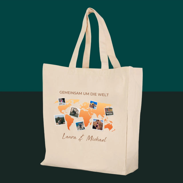 Fotocollage: Gemeinsam um die Welt – Canvastasche mit Aufdruck | DE