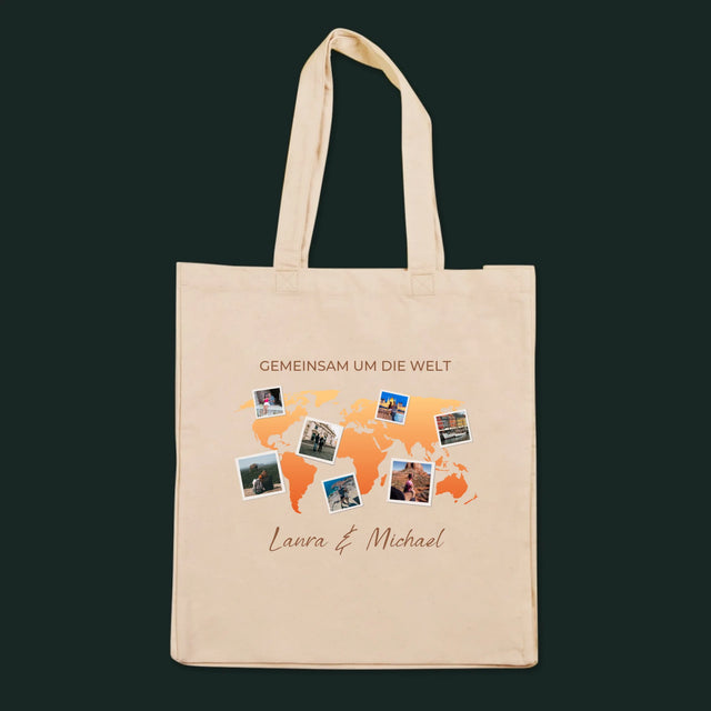 Fotocollage: Gemeinsam um die Welt – Canvastasche mit Aufdruck | DE