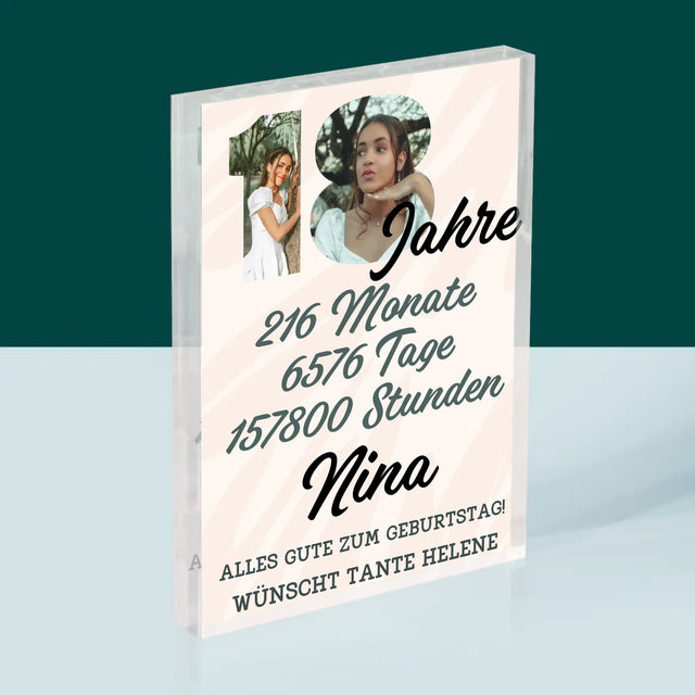 Buchstaben-Collage: 18 Jahre Countdown - Acrylblock